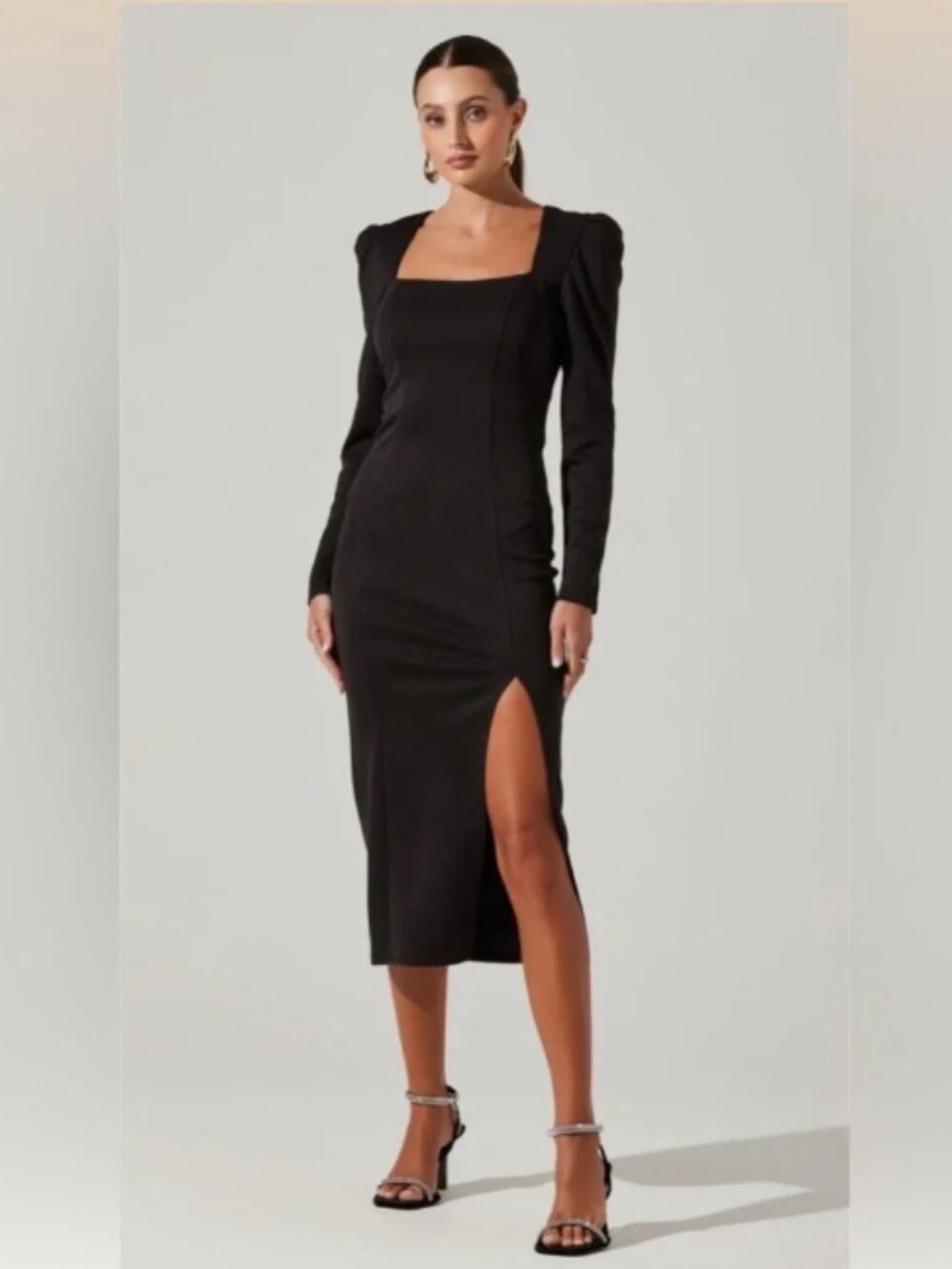 Astr Black Long Sleeve Midi Dress with Square Neck and Front Slit